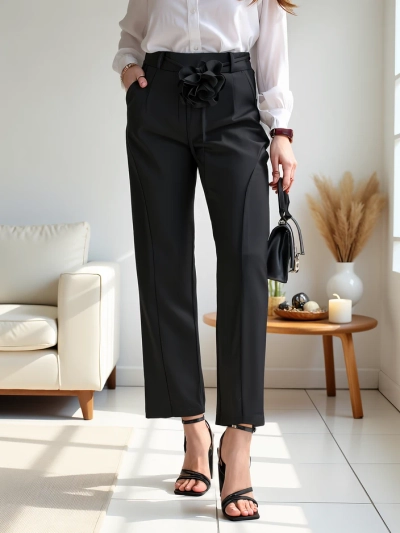 Royalfashion Pantalons droits en viscose pour femmes avec une fleur