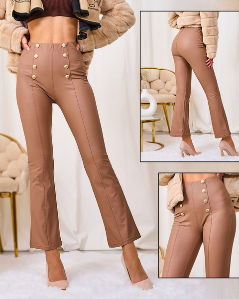 Royalfashion Leggings en éco-cuir pour femme marron avec boutons dorés