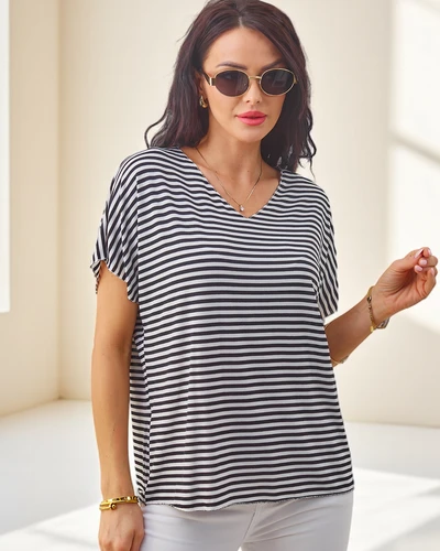 Blouse rayée en viscose pour femmes Royalfashion avec des manches courtes et une finition pailletée