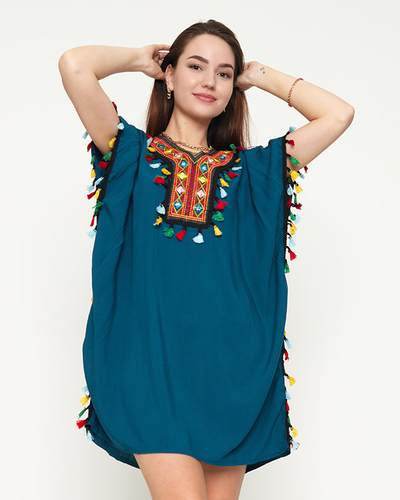 Tunique de plage été femme turquoise à franges - Vêtements