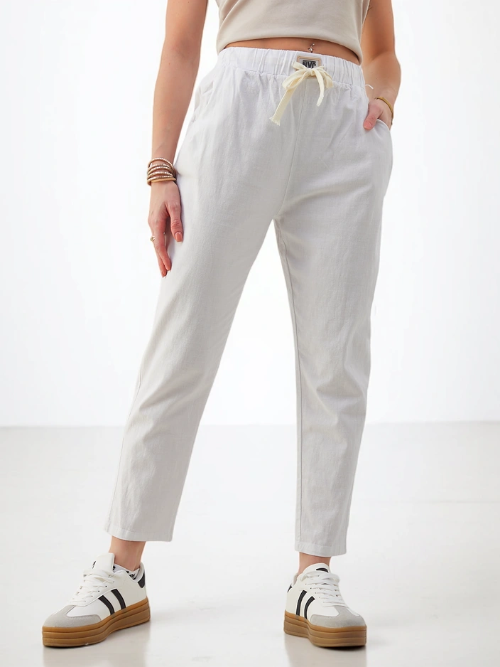 Pantalons droits en coton Royalfashion pour femmes avec un lien à la taille