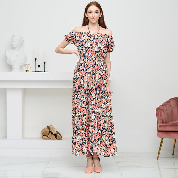 Robe longue femme bleu marine à fleurs corail - Clothing