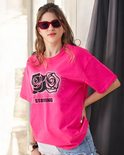 Royalfashion T-shirt en coton pour femmes Fleur Rose