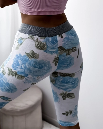 Short 3/4 femme blanc à fleurs bleues - Vêtements