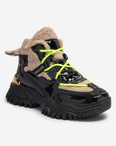 Chaussures de sport noires pour femmes avec fourrure et lacets jaune fluo Adbo- Footwear