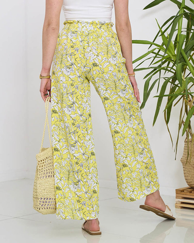 Pantalon palazzo jaune à fleurs blanches pour femme - Vêtements