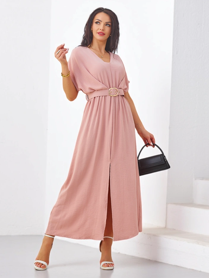 Robe midi femme Royalfashion avec manches courtes, décolleté en V et fente au milieu