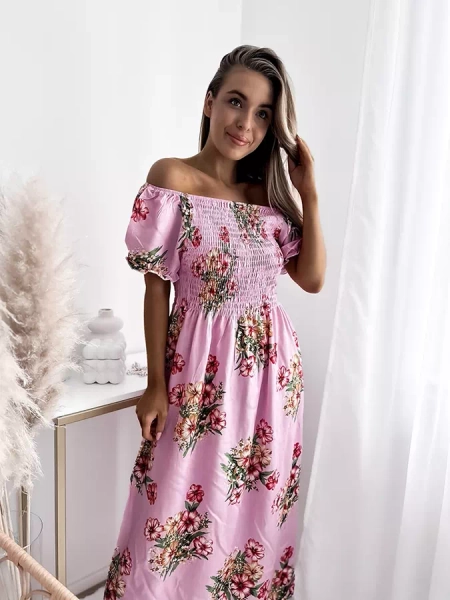 Robe midi rose à motif floral pour femme - Vêtements