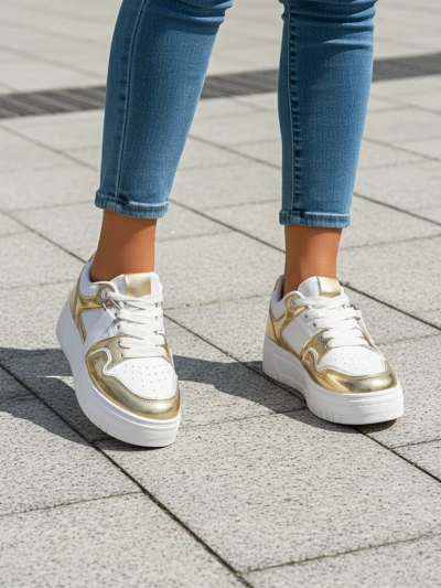 Baskets pour femmes 'Aurelia' Or et Blanc à plateforme de 4 cm - Style et confort
