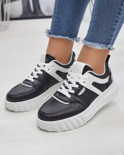 Chaussures de sport décontractées en cuir écologique pour femmes, noires, avec empiècements blancs Netiris - Chaussures