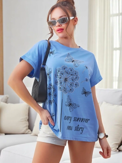 T-shirt en coton Royalfashion pour femmes avec des pissenlits et un papillon
