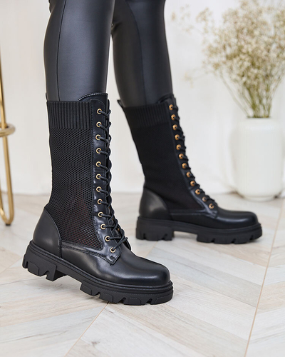 Royalfashion Bottes à talons plats ajourées noires pour femme Kaliffo