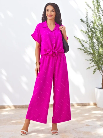 Royalfashion Ensemble femme avec une chemise à manches courtes nouée et un pantalon évasé orné de strass
