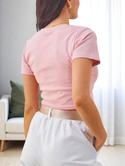 Crop top en coton pour femmes Royalfashion avec des strass en forme de nœud