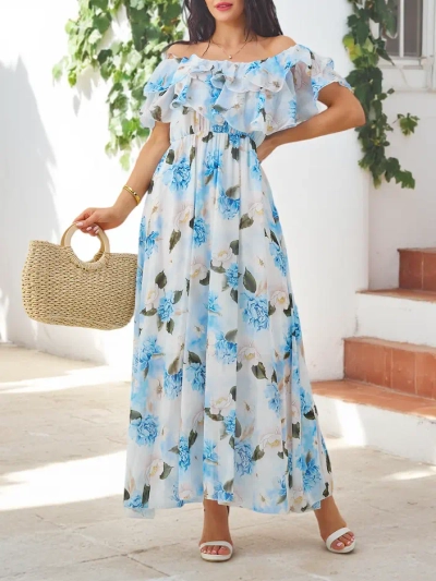Robe off-the-shoulder pour femmes avec manches courtes en divers motifs floraux