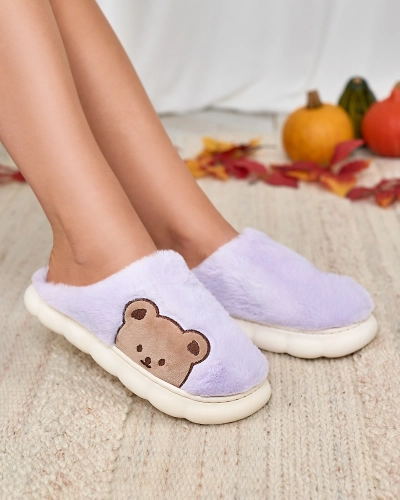 Royalfashion Pantoufles en fourrure pour femme avec ours en peluche en violet Fetemes