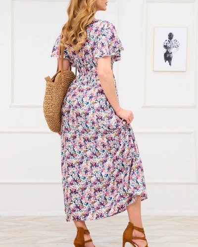 Robe longue à fleurs bleues et roses pour femme - Vêtements