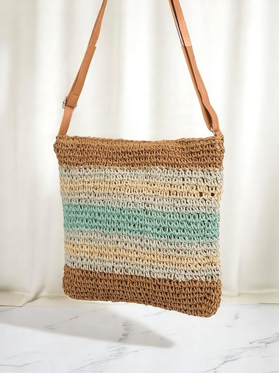 Royalfashion Petit sac en paille pour femme, rayé, orné d’un charm Mini