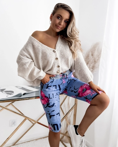 Short femme 3/4 bleu et rose imprimé GRANDE TAILLE - Vêtements