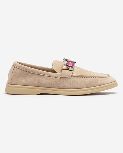 Mocassins pour femmes en daim écologique marron clair avec cristaux décoratifs Nellens- Footwear