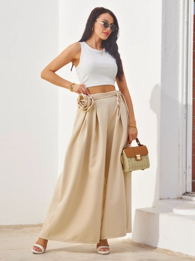 Royalfashion Pantalon large élégant pour femmes avec une fleur décorative à la taille