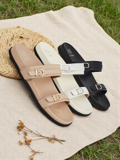 Royalfashion Sandales en cuir écologique pour femme, EcoTwins Slides