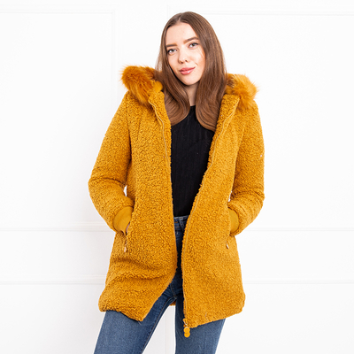Veste femme jaune à capuche en mouton retourné - Vêtements