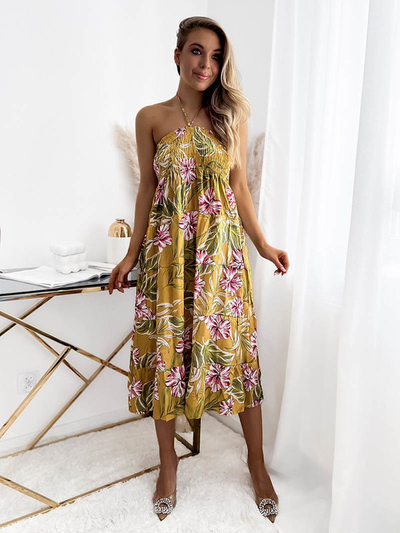 Robe midi jaune pour femme avec motif floral - Vêtements