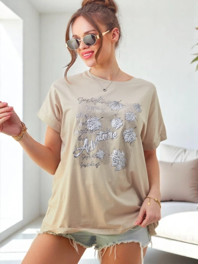 T-shirt en coton pour femmes Royalfashion avec impression de feuilles