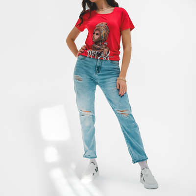 T-shirt femme rouge imprimé coloré et sequins - Vêtements