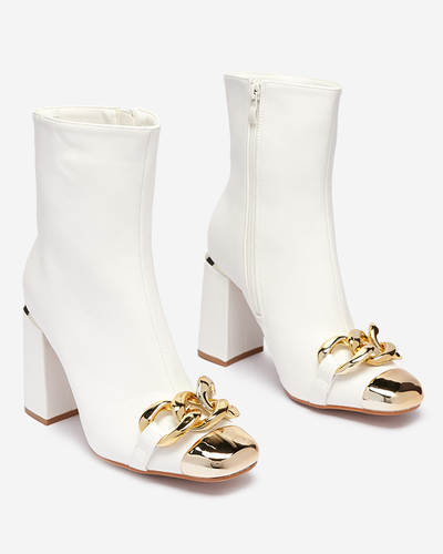 Bottes blanches à talons hauts pour femmes avec embellissements dorés Amiop- Footwear