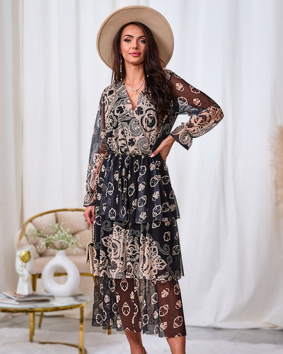 Royalfashion Robe midi en maille noire et beige avec imprimé