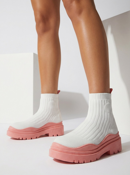 Bottines pour femmes sur semelle épaisse en blanc et rose Korlic-Shoes