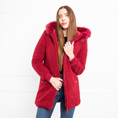 Veste rouge femme à capuche en mouton retourné - Vêtements