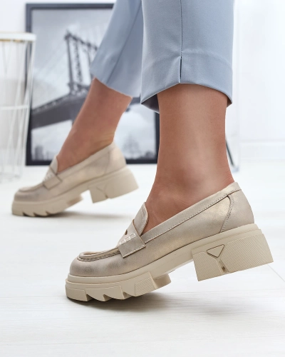 Mocassins en cuir écologique doré pour femme Sepop- Footwear