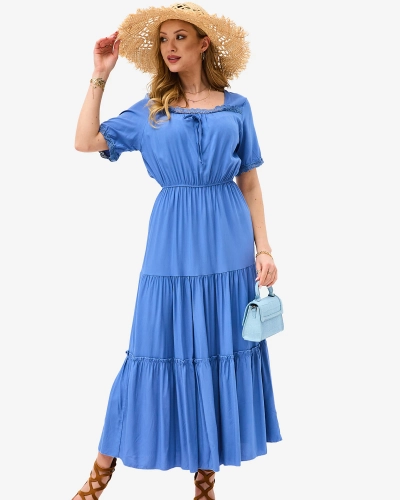 Robe longue bleue à manches courtes pour femme - Vêtements