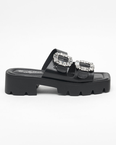 OUTLET Chaussons noirs pour femme avec ornements en zircon Sadoh- Footwear