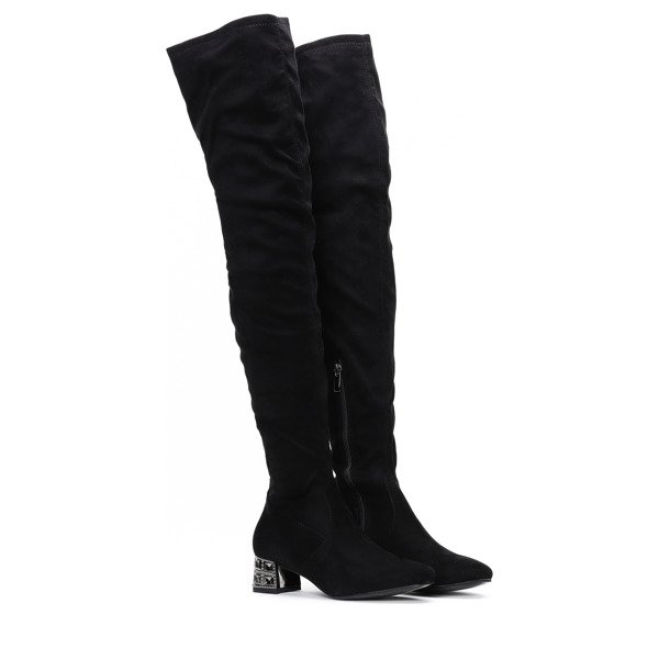 Czarne, długie kozaki ze zdobionym obcasem Back Again- Obuwie