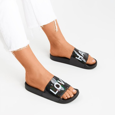 OUTLET Chaussons noirs pour femmes avec inscription HATE &amp; LOVE - Footwear