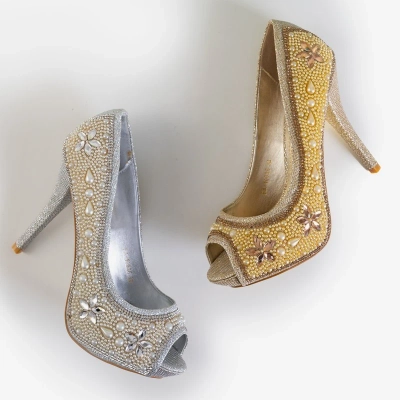 OUTLET Escarpins femme en brocart argent avec zircons et perles Gitana - Chaussures