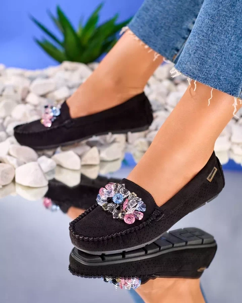 Royalfashion Mocassins noirs ajourés pour femme avec cristaux décoratifs Cizzas