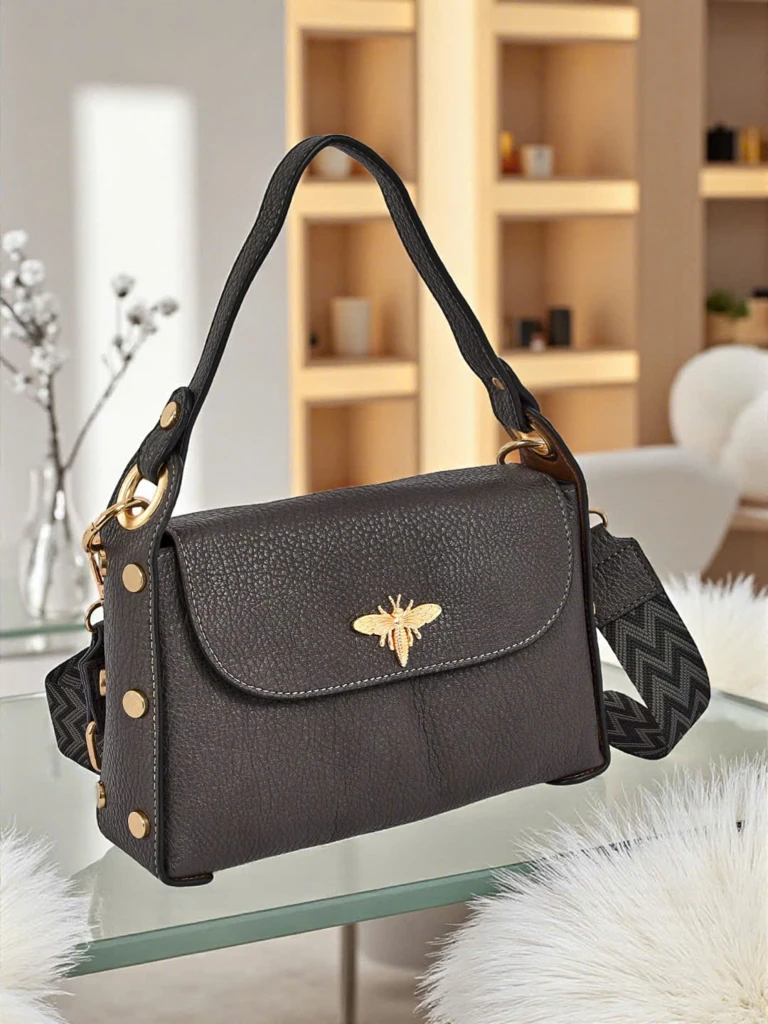 Sac pour femme Hera Nero en cuir écologique avec abeille décorative – gris