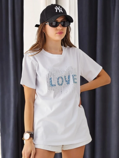 Royalfashion T-shirt en coton pour femmes LOVE avec des strass