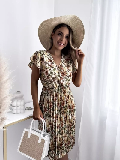 Robe fleurie beige au genou pour femme - Vêtements