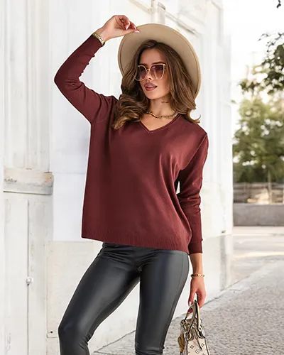 Royalfashion Pull pour femme marron foncé avec une encolure en cœur