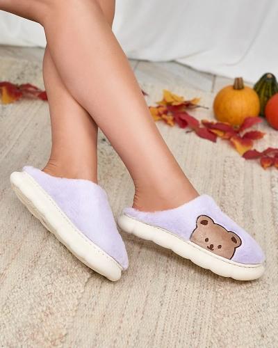 Royalfashion Pantoufles en fourrure pour femme avec ours en peluche en violet Fetemes