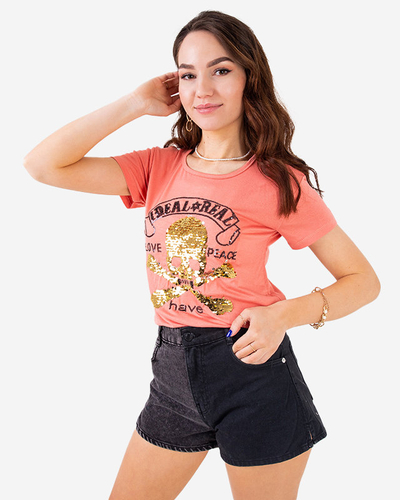 T-shirt femme orange à sequins avec inscriptions - Vêtements