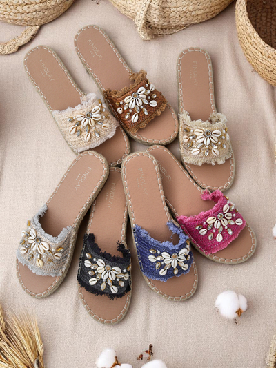 Sandales pour femmes Royalfashion Helena Decor espadrilles noires avec coquillages