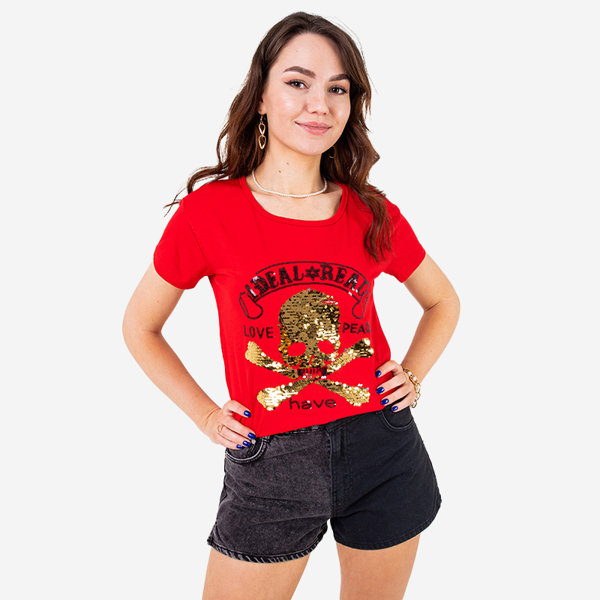 T-shirt femme rouge avec sequins et inscriptions - Vêtements