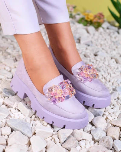 OUTLET Royalfashion Mocassins pour femme violets avec cristaux colorés Crystal Glam